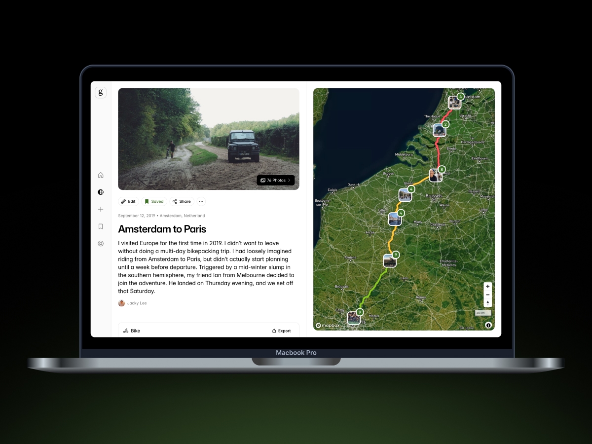 A detailed trip of a story – combining photos, text, and route data.